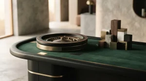 Tavolo da gioco astratto con elementi geometrici e luce soffusa
