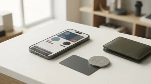 Telefono con pannello astratto e oggetti neutri dedicati ai pagamenti