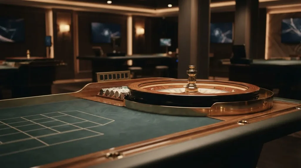Studio da casinò vuoto con tavolo roulette e luci soffuse