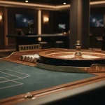Studio da casinò vuoto con tavolo roulette e luci soffuse