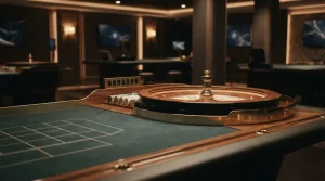 Studio da casinò vuoto con tavolo roulette e luci soffuse