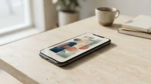 Smartphone con schede geometriche prive di testo su una superficie luminosa