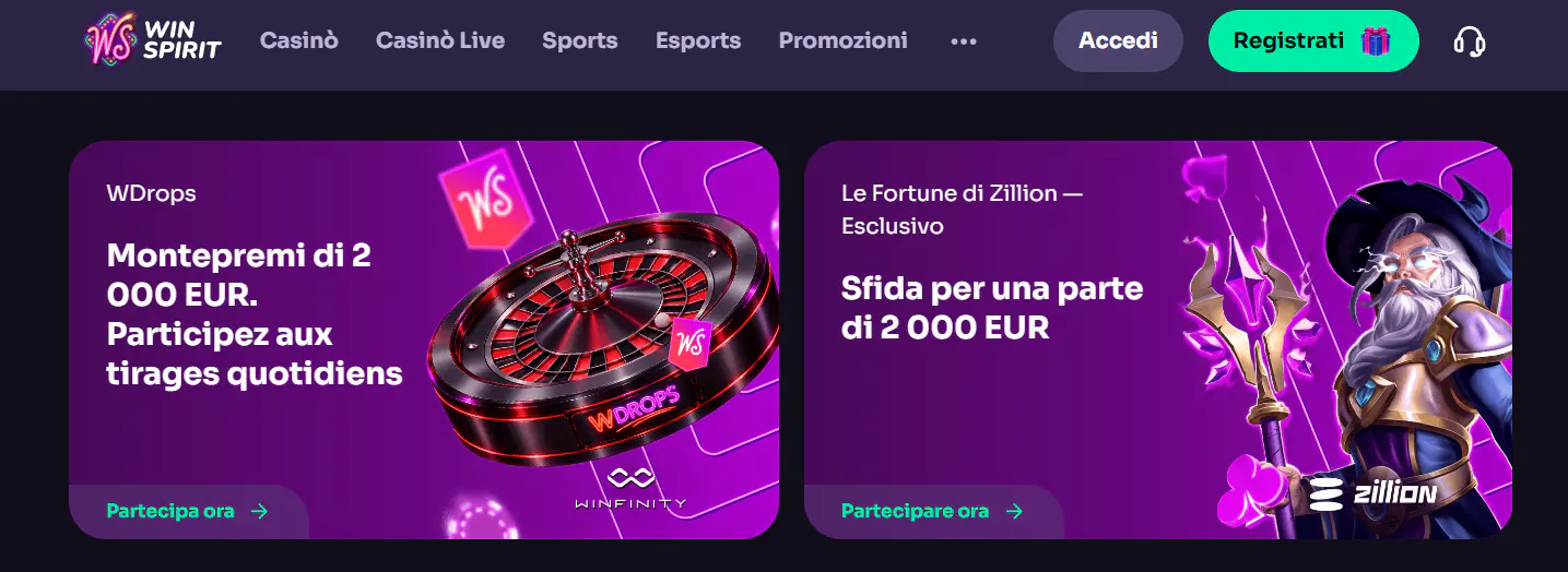 Schermata della pagina pubblica di WinSpirit ripresa direttamente dal sito