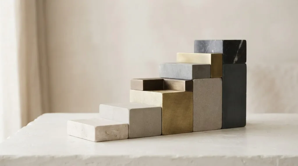 Blocchi geometrici sovrapposti a gradini su un piano chiaro, con ombre morbide